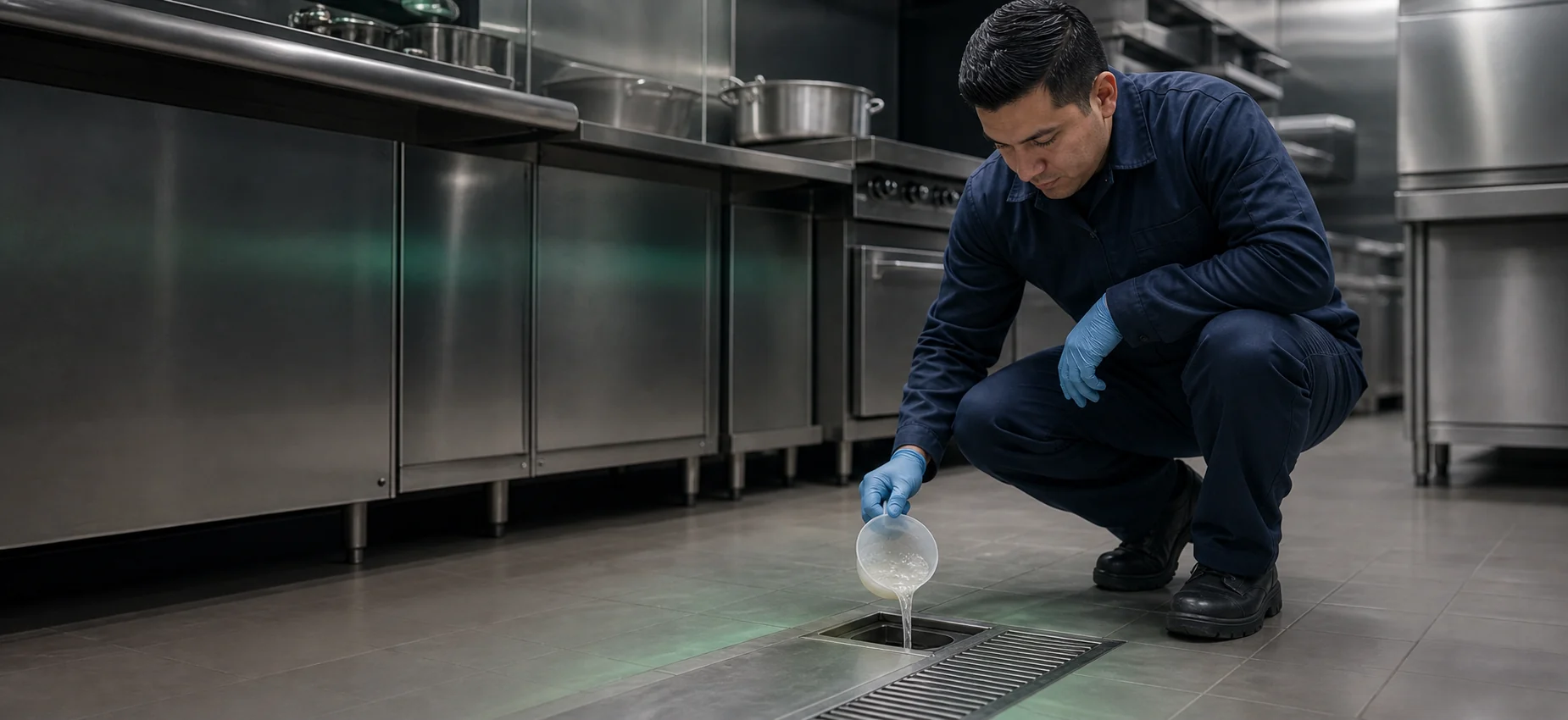 Especialista aplicando una solución biológica en una cocina profesional