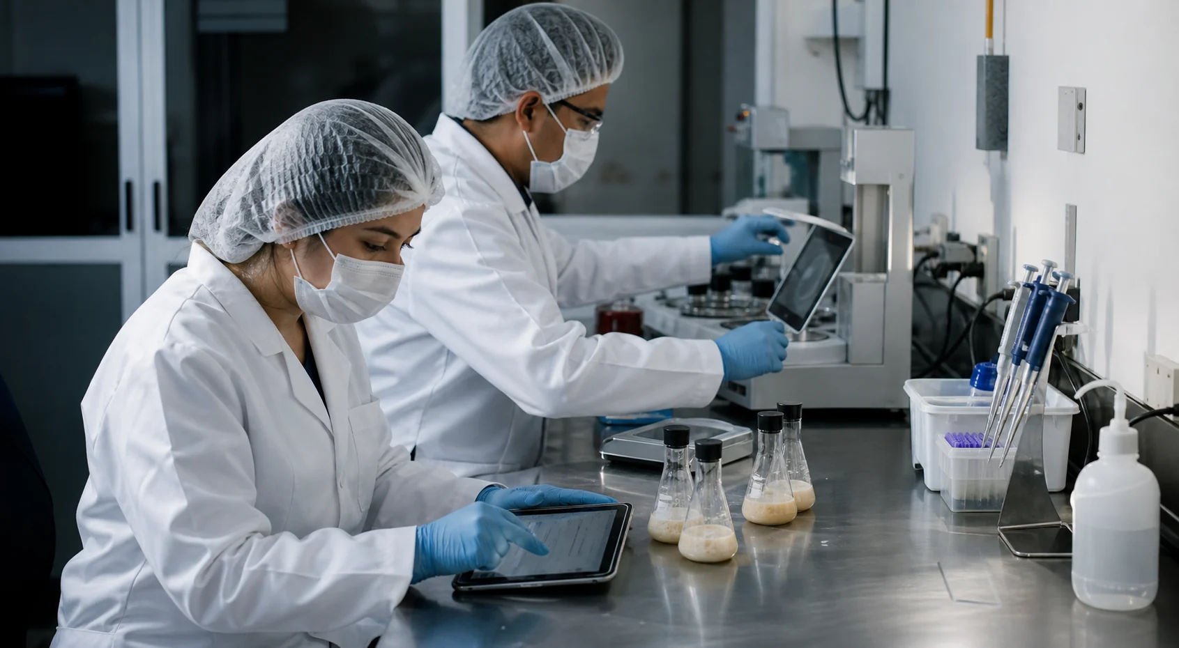 Equipo de biotecnología formulando y evaluando soluciones Drenova en laboratorio