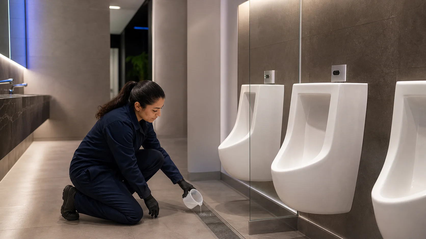 Especialista aplicando una solución enzimática en una instalación sanitaria premium