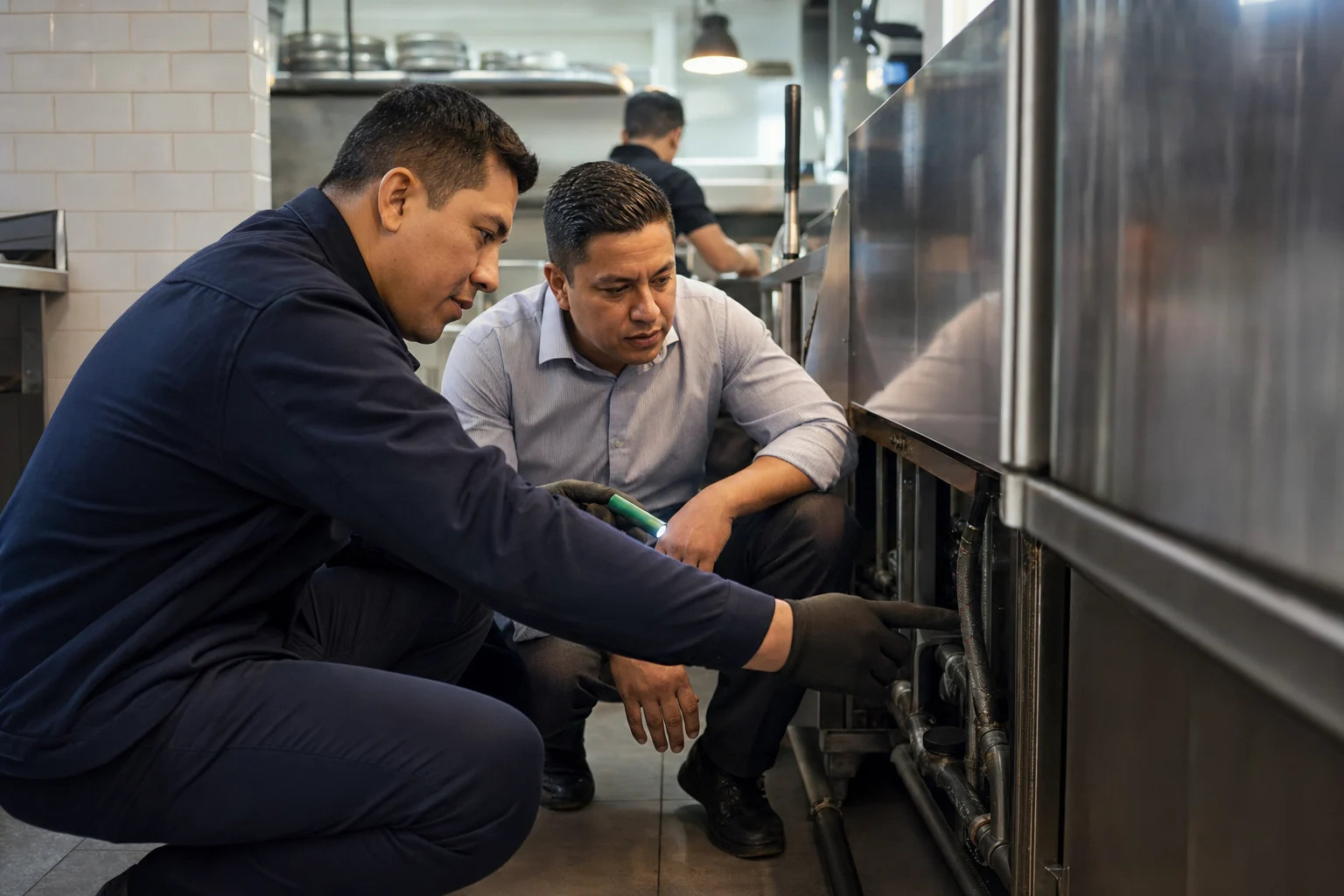 Especialista de ONbio y responsable de operaciones realizando una inspección en cocina
