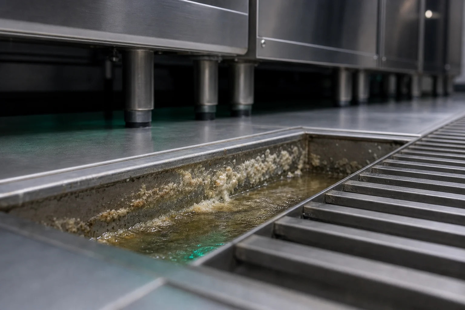 Acumulación orgánica dentro de un drenaje de cocina profesional