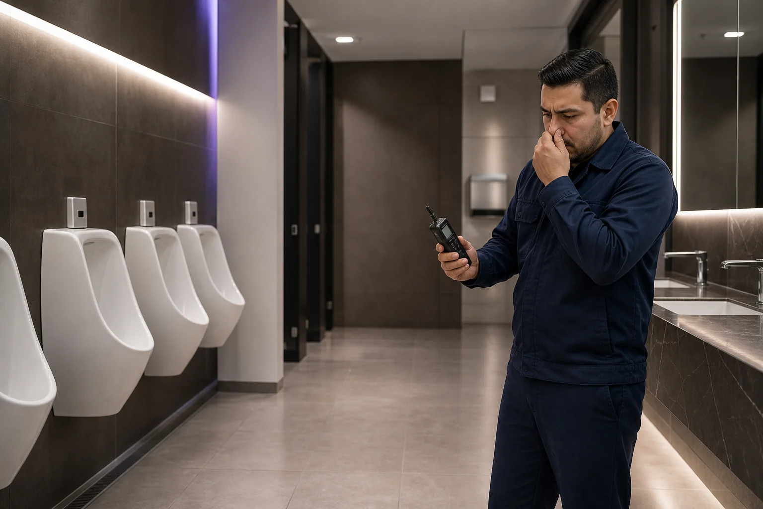 Responsable de instalaciones investigando un olor persistente en sanitarios